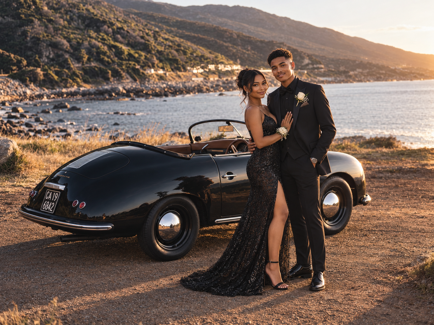 Illustrative matric couple beside the black Speedster at the coast at sunset