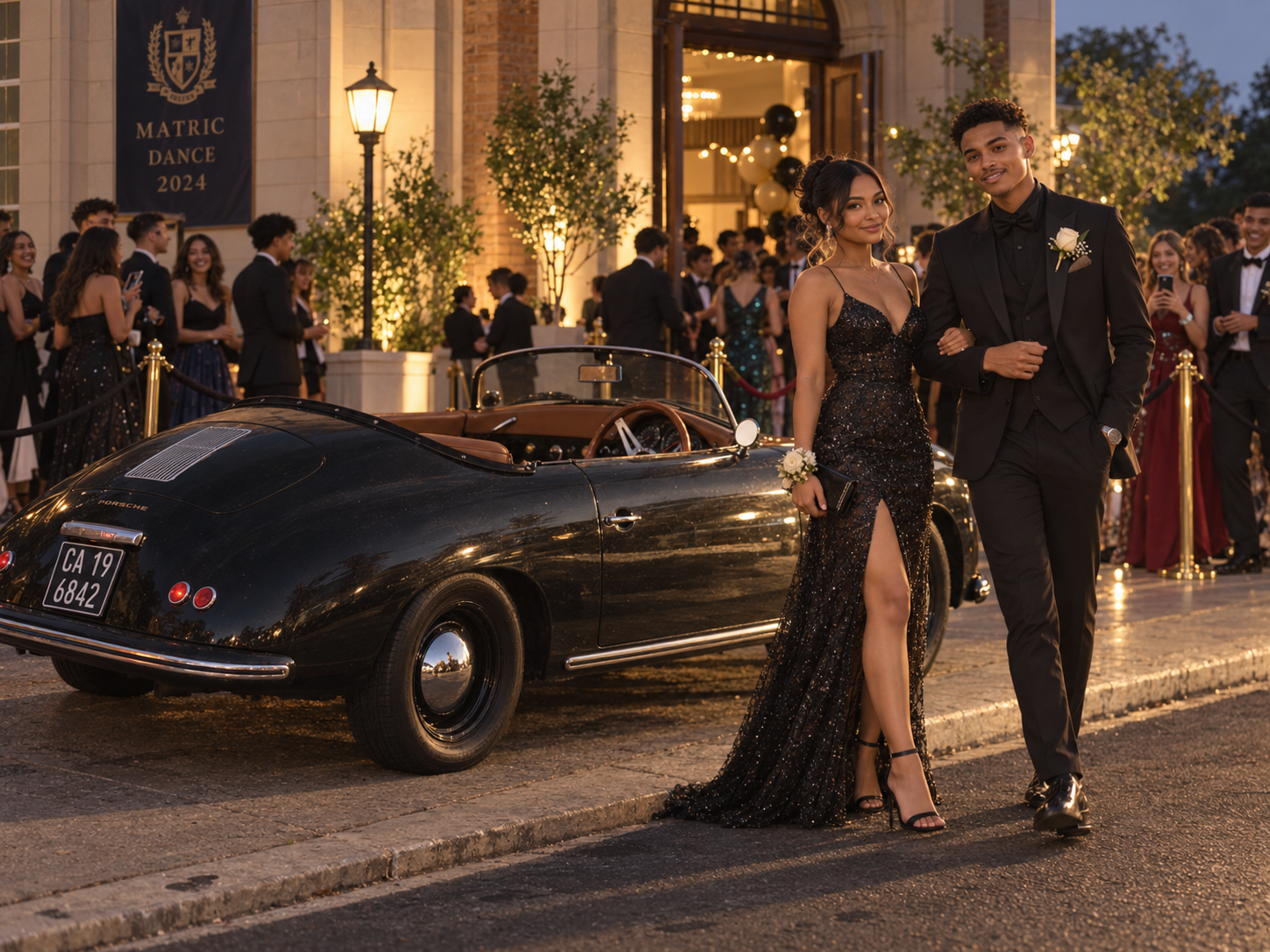 Illustrative matric arrival with a couple beside the black Speedster